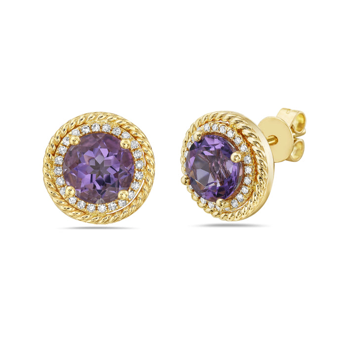 14K Yellow Gold Amethyst Stud Earrings with Rope Detailing - Round Shape 2.45 Carats