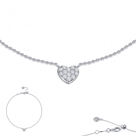 Platinum Coated Sterling Silver 10in Mini Pave Heart Anklet with Lassaire 0.38 ct