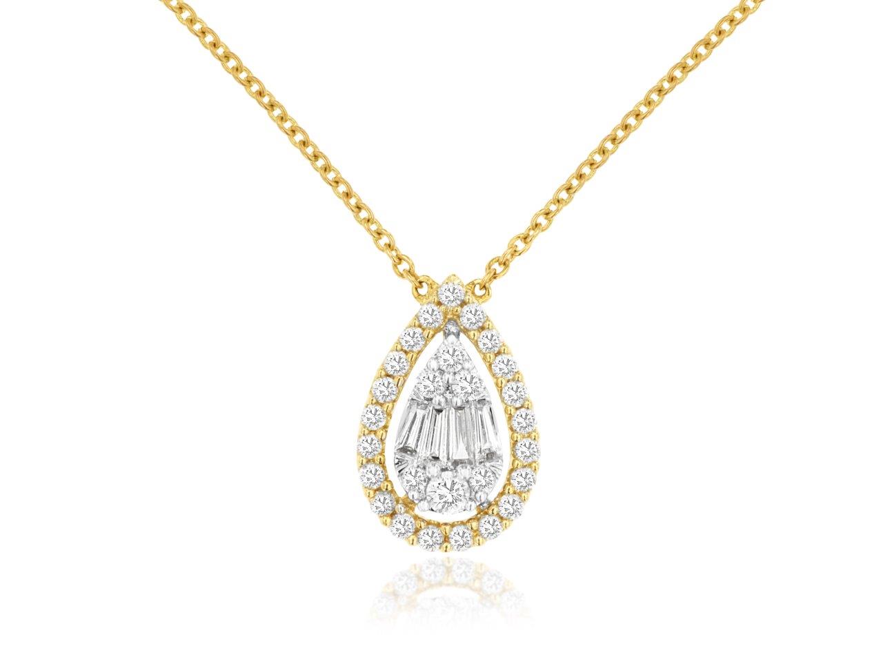 14K Yellow Gold Necklace with Pear-Shaped Mosaic Halo and 0.41 ct Natural Diamond