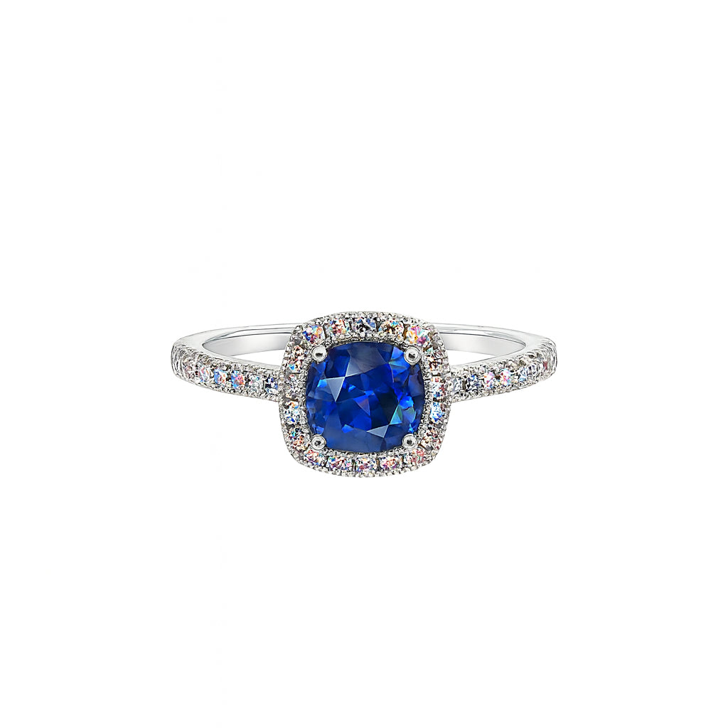 Blue Sapphire and Diamond Cushion Shape Ring in 14 Karat White Gold - 1.42 ct