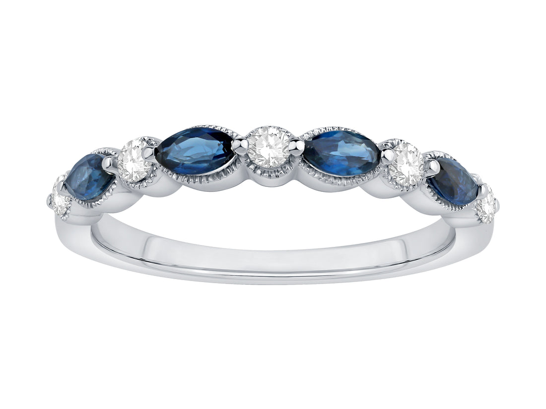 14K White Gold Round Lab Diamond and Sapphire Wedding Band (0.13 Ct)