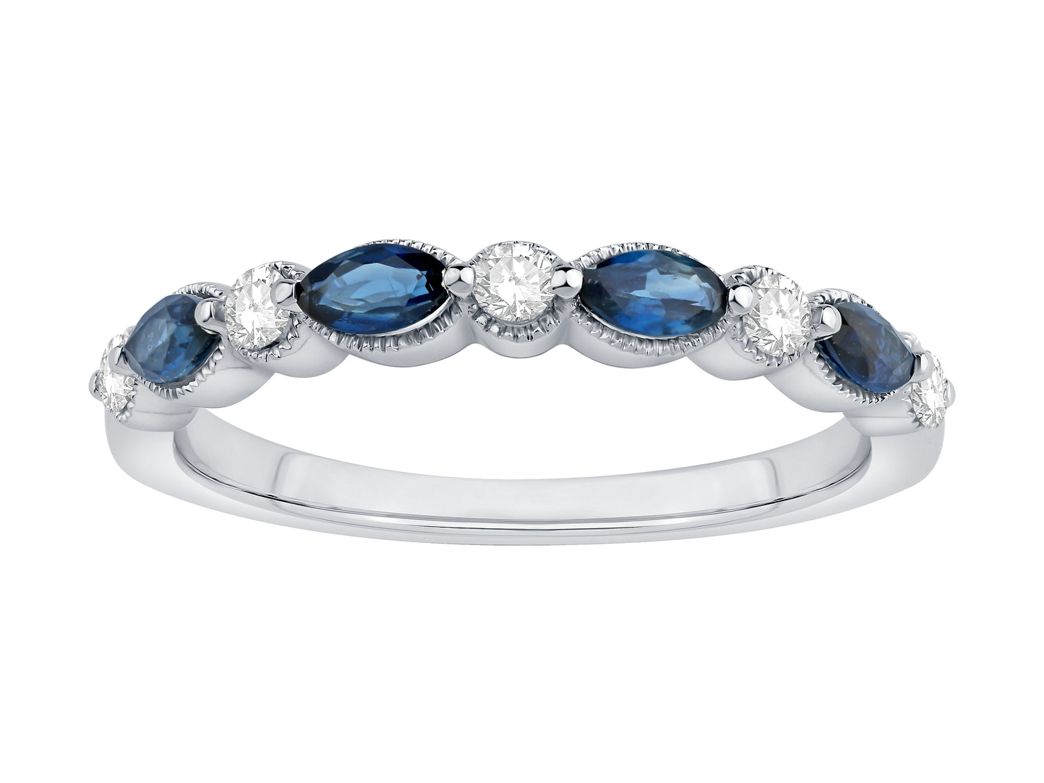 14K White Gold Round Lab Diamond and Sapphire Wedding Band (0.13 Ct)