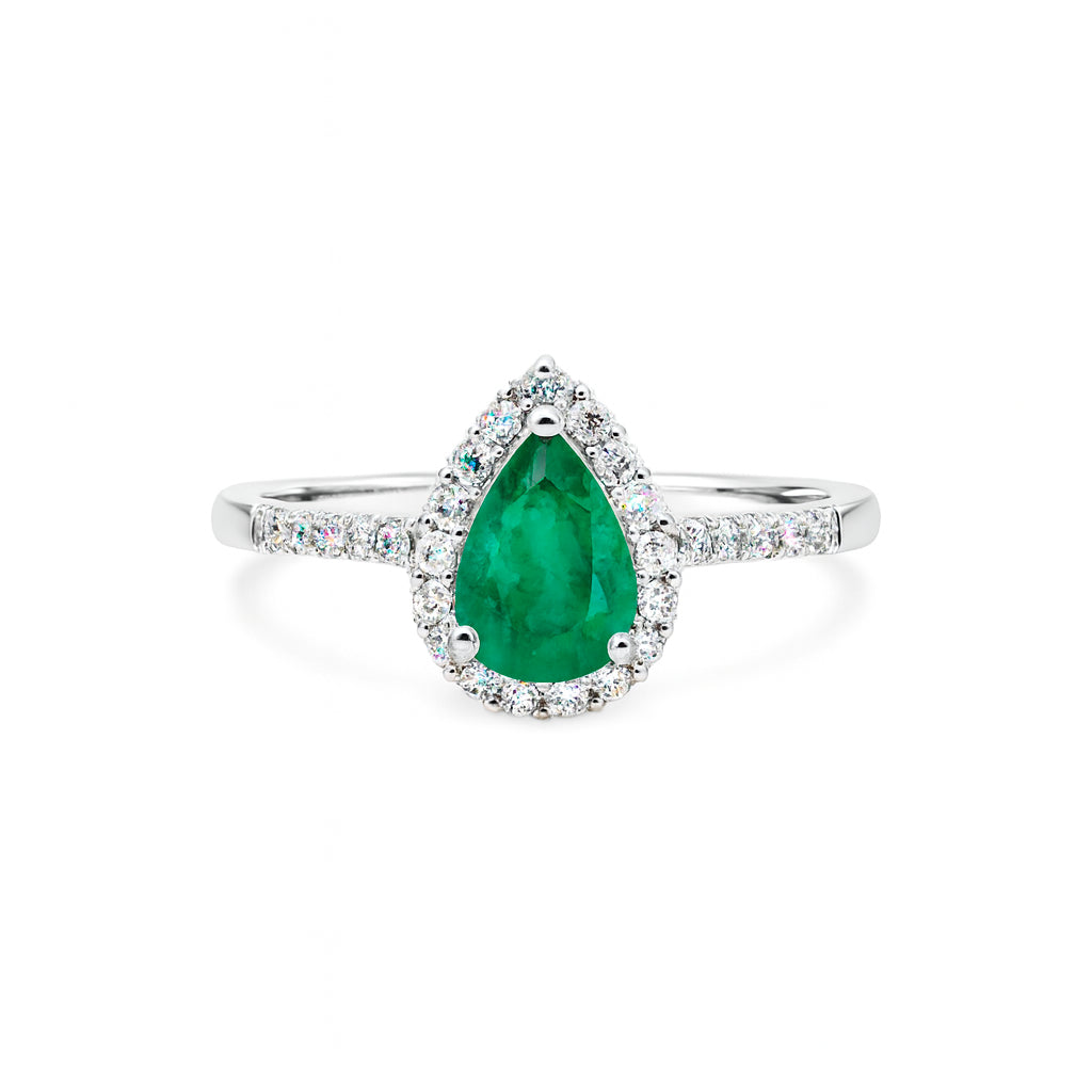 14 Karat White Gold Halo Ring with Emerald
