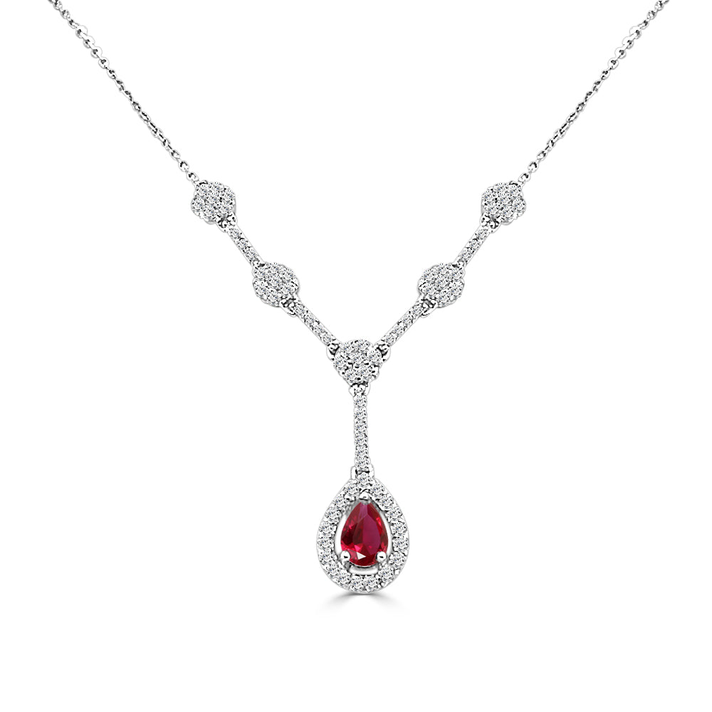 Pear-Shaped Diamond and Ruby Necklace in 14 Karat White Gold - 0.50ct