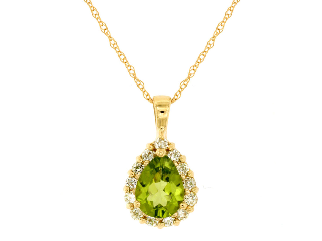 1.10 Carat Pear Shaped Peridot Halo Necklace in 14 Karat Yellow Gold