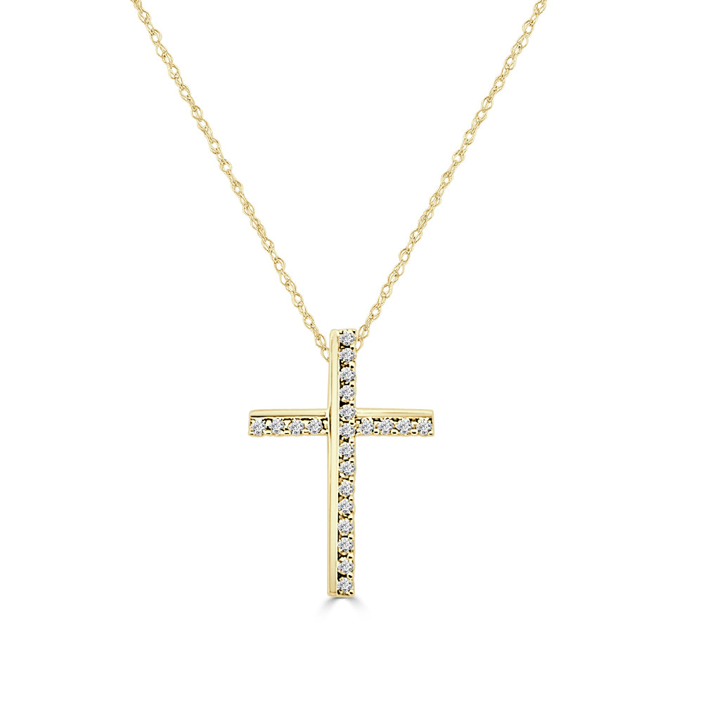10K Yellow Gold Double Line Cross Pendant Necklace with Natural Diamond, Round Shape - 0.25 Carats