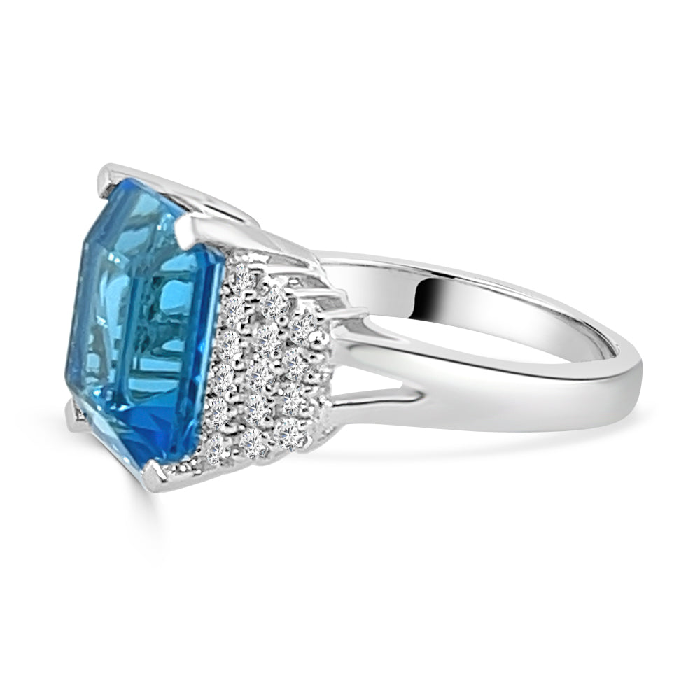 Emerald-Shaped Swiss Blue Topaz and Diamond Necklace in 14 Karat White Gold - 8.00 Carats