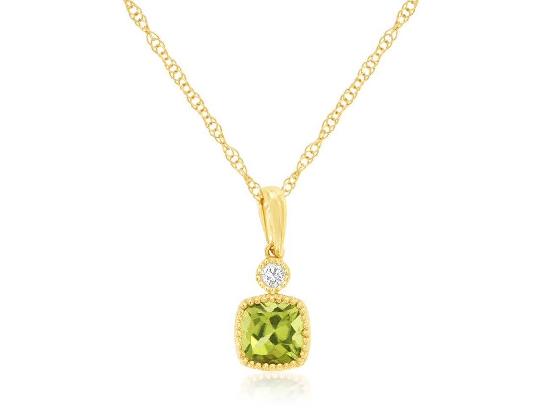 14 Karat Yellow Gold Peridot Beaded Bezel Necklace in Cushion Shape - 0.61 Carat