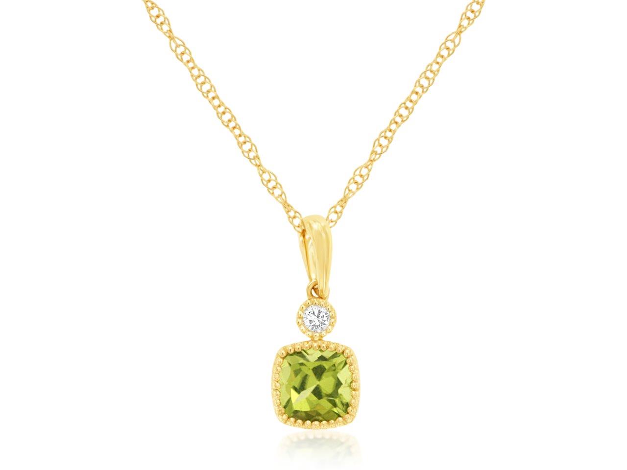 14 Karat Yellow Gold Peridot Beaded Bezel Necklace in Cushion Shape - 0.61 Carat