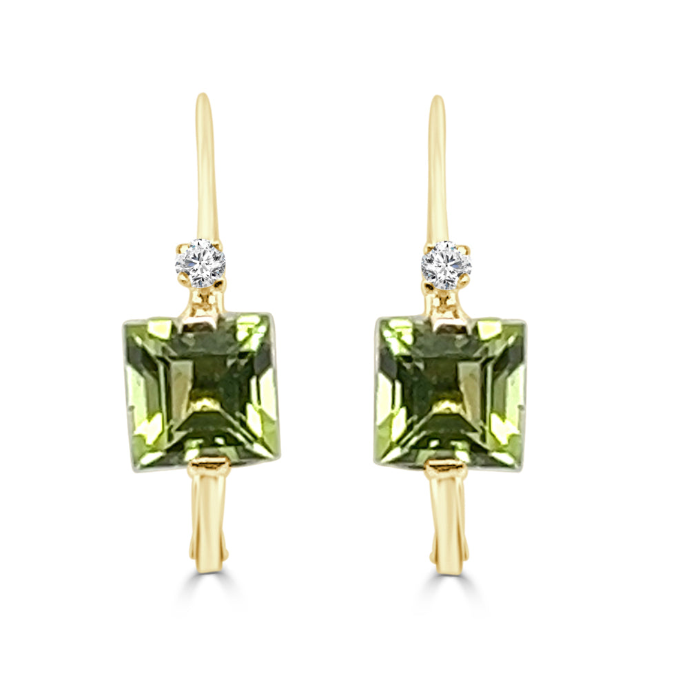 14K Yellow Gold Diamond and Peridot Asscher Shape Earrings - 1.80 Carats