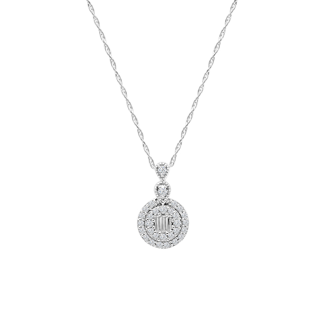 0.20 14K White Gold Double Halo Mosaic Drop Necklace with Natural Diamonds