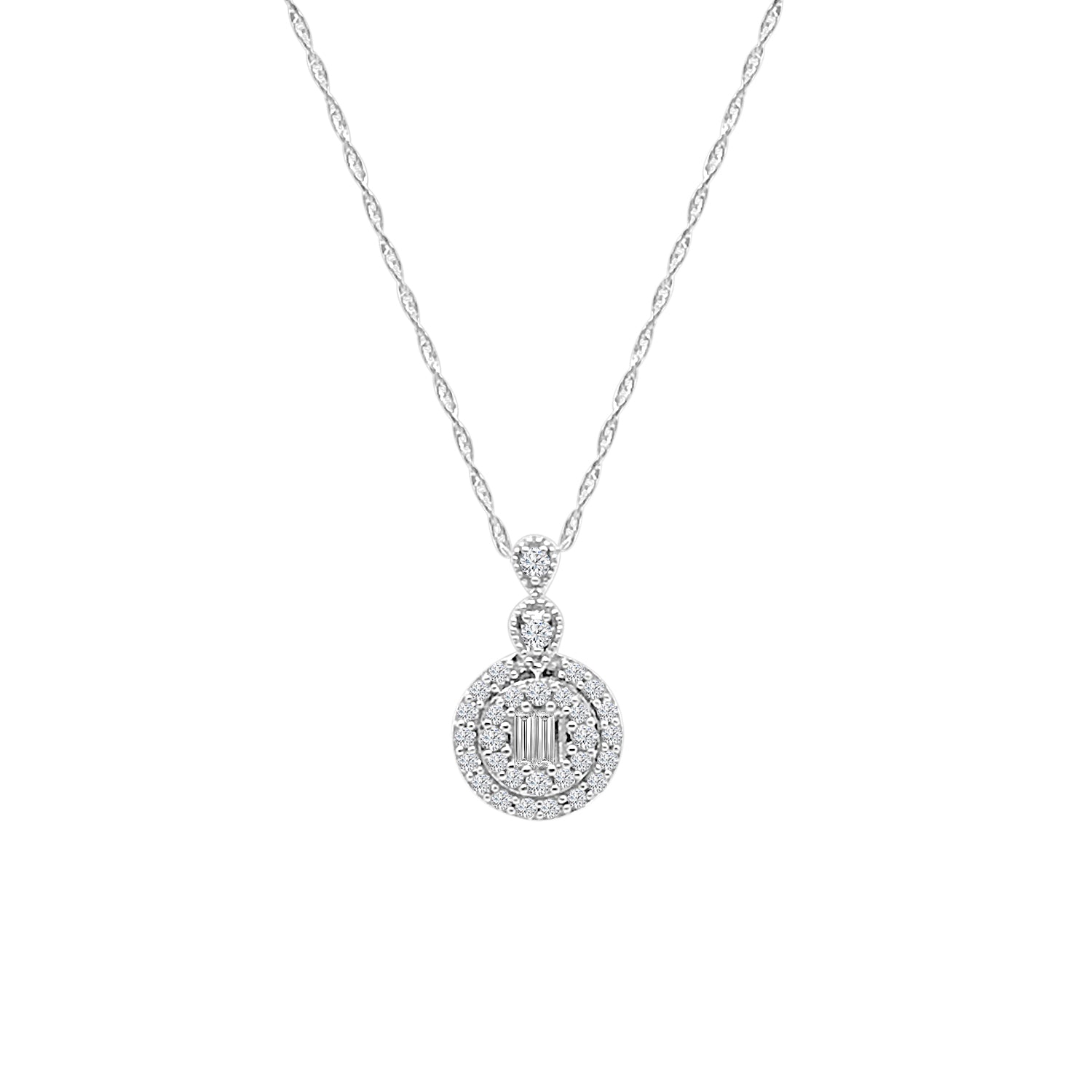 0.20 14K White Gold Double Halo Mosaic Drop Necklace with Natural Diamonds