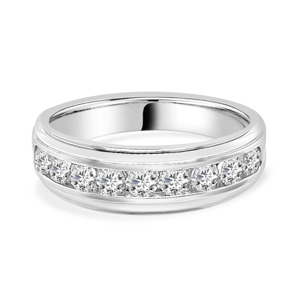 1.00 Carat Round Natural Diamond Wedding Band in 14 Karat White Gold with Raised Bevel Channel Set Design