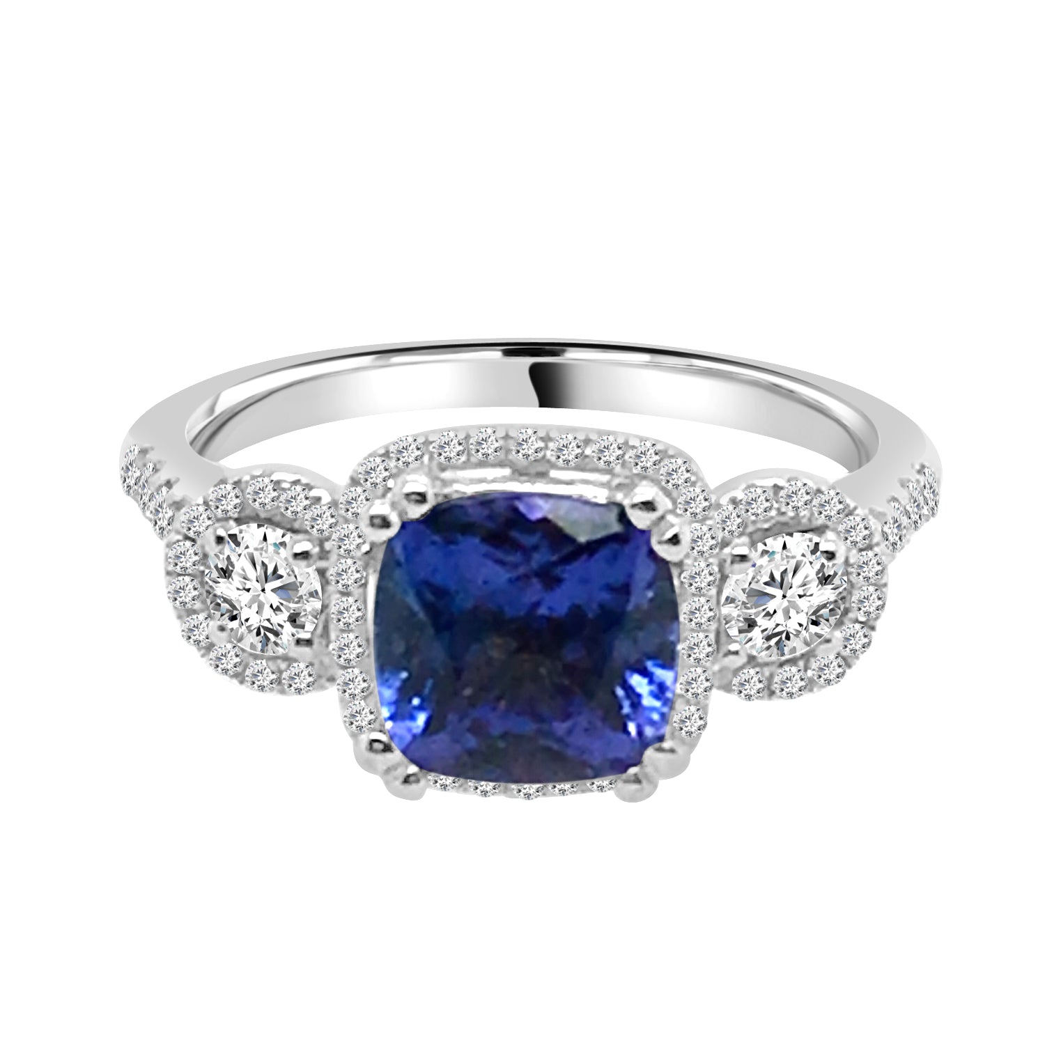 14K White Gold Tanzanite Fancy 3 Stone Halo Ring - 1.72ct