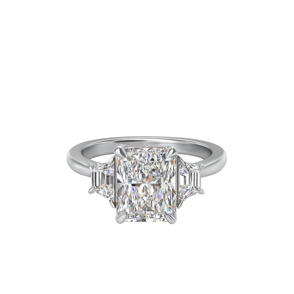 Sure, how about this title: Radiant &amp; Trapezoid 3 Stone Engagement Ring in 14K White Gold with 3.09ct Lab Diamond