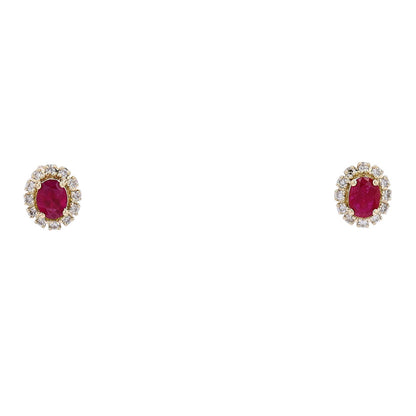 14K Yellow Gold Ruby Stud Earrings with Diamond Halo - Oval 0.50 ct
