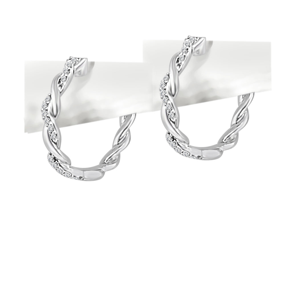 10K White Gold Twisted Huggie Earrings with 0.10 ct Natural Diamond, Round Shape