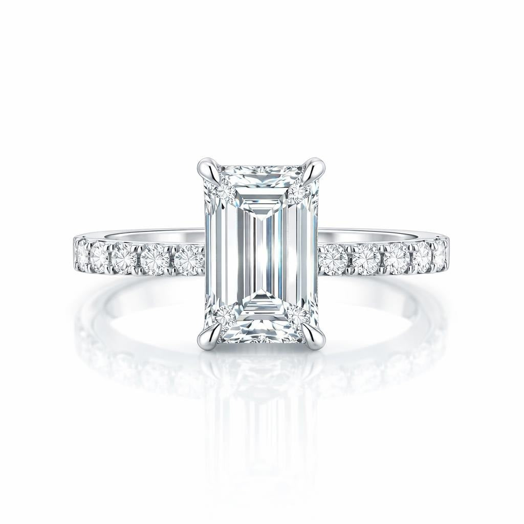 14K White Gold Emerald Cut Lab Diamond Engagement Ring with Side Stones