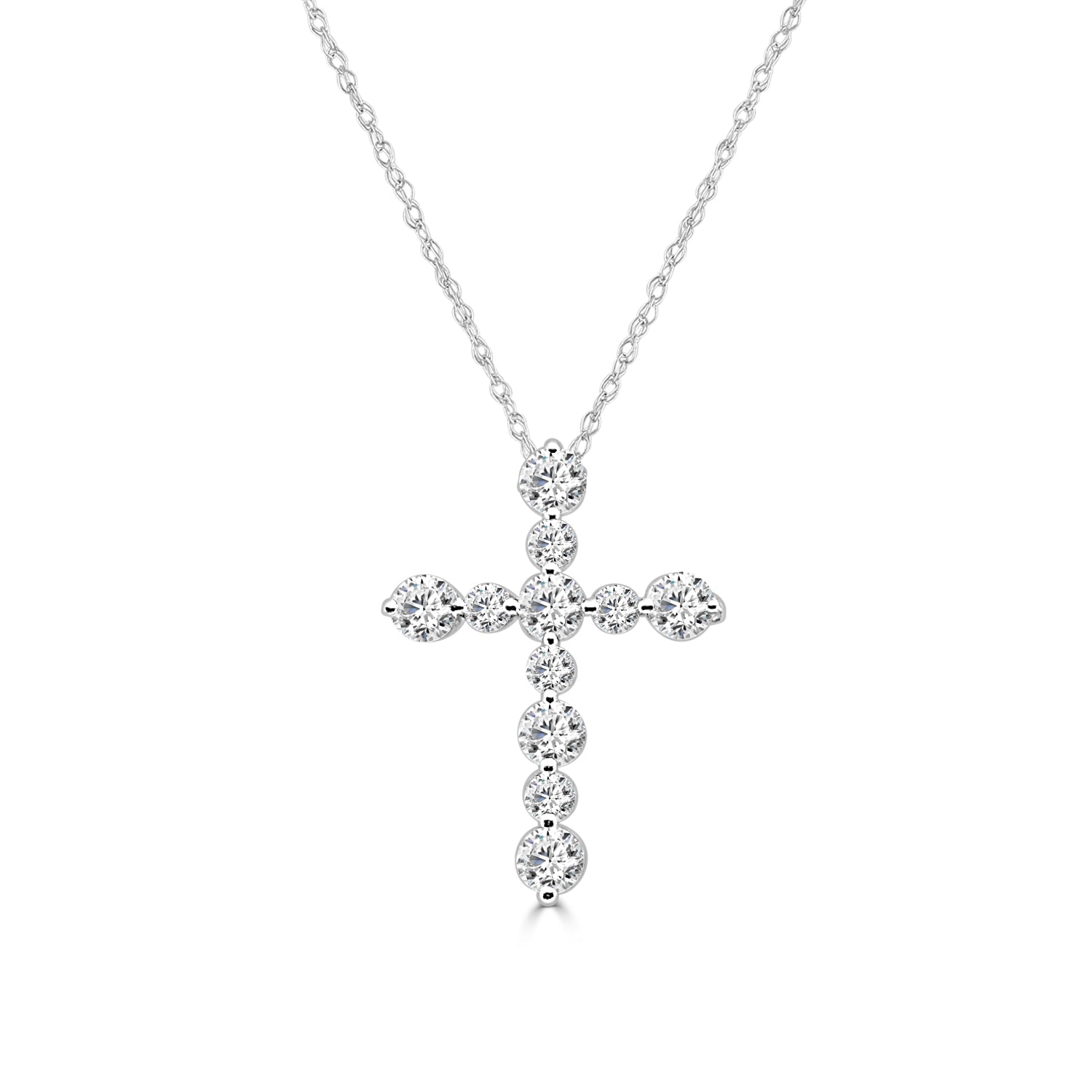 14K White Gold Cross Pendant Necklace with 0.59 Carat Natural Shared Prong Diamond