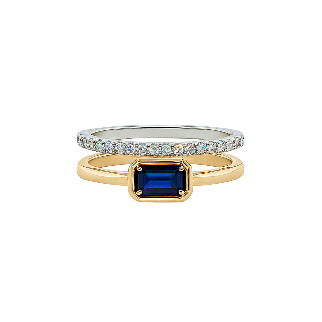 Emerald Cut Blue Sapphire and Diamond Double Band Ring in 14 Karat Two-Tone Gold - 0.32 Carats