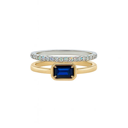 Emerald Cut Blue Sapphire and Diamond Double Band Ring in 14 Karat Two-Tone Gold - 0.32 Carats