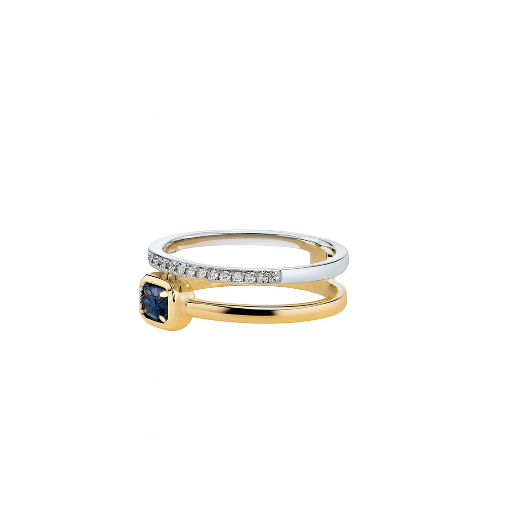 Emerald Cut Blue Sapphire and Diamond Double Band Ring in 14 Karat Two-Tone Gold - 0.32 Carats