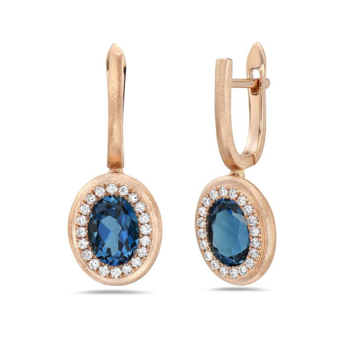 Brushed Oval Halo Blue Topaz Earrings in 14 Karat Yellow Gold - 2.08 ctw