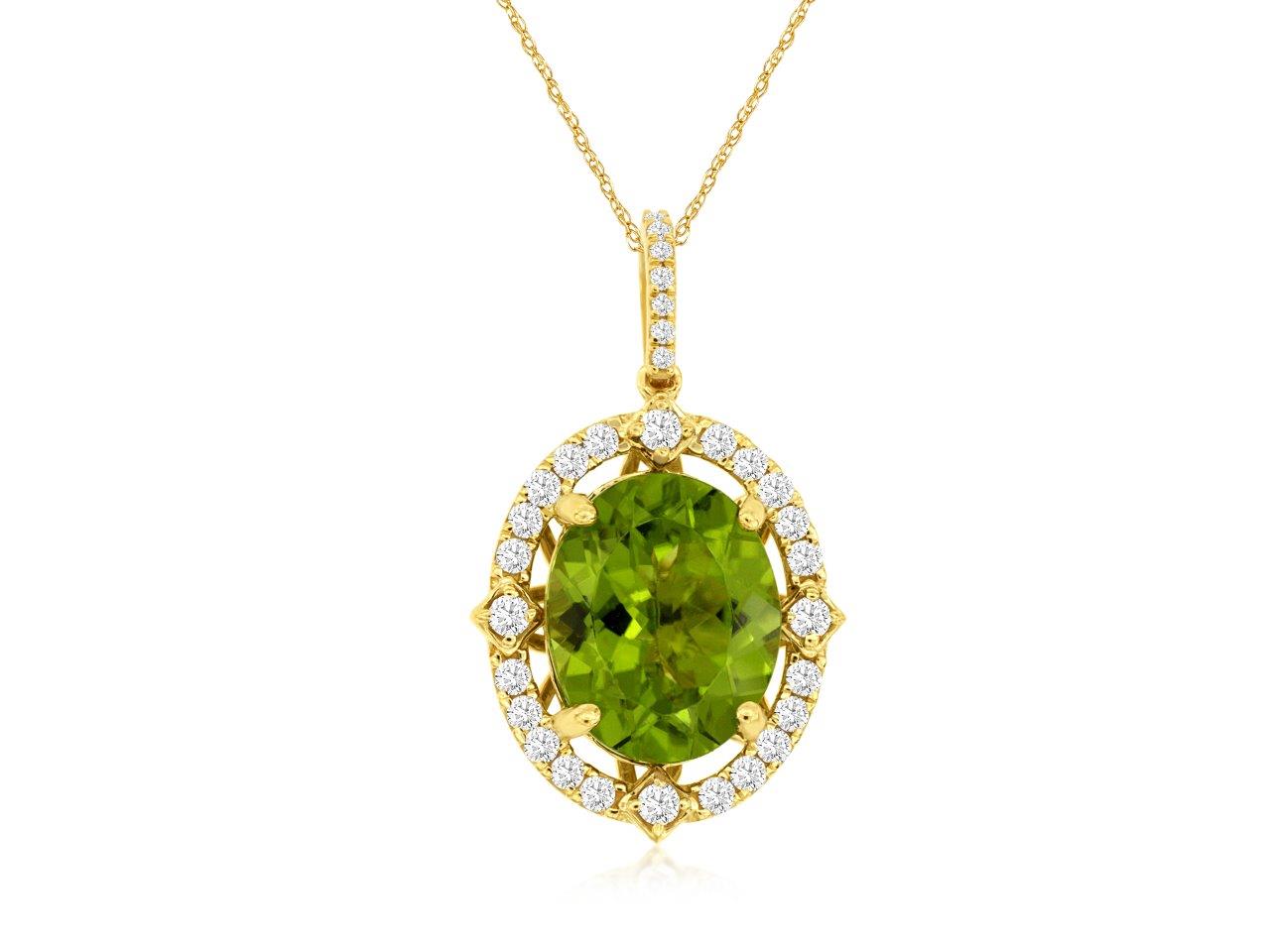 Peridot Halo Necklace in 14 Karat Yellow Gold with Oval-Shaped Pendant, 4.85 Carats