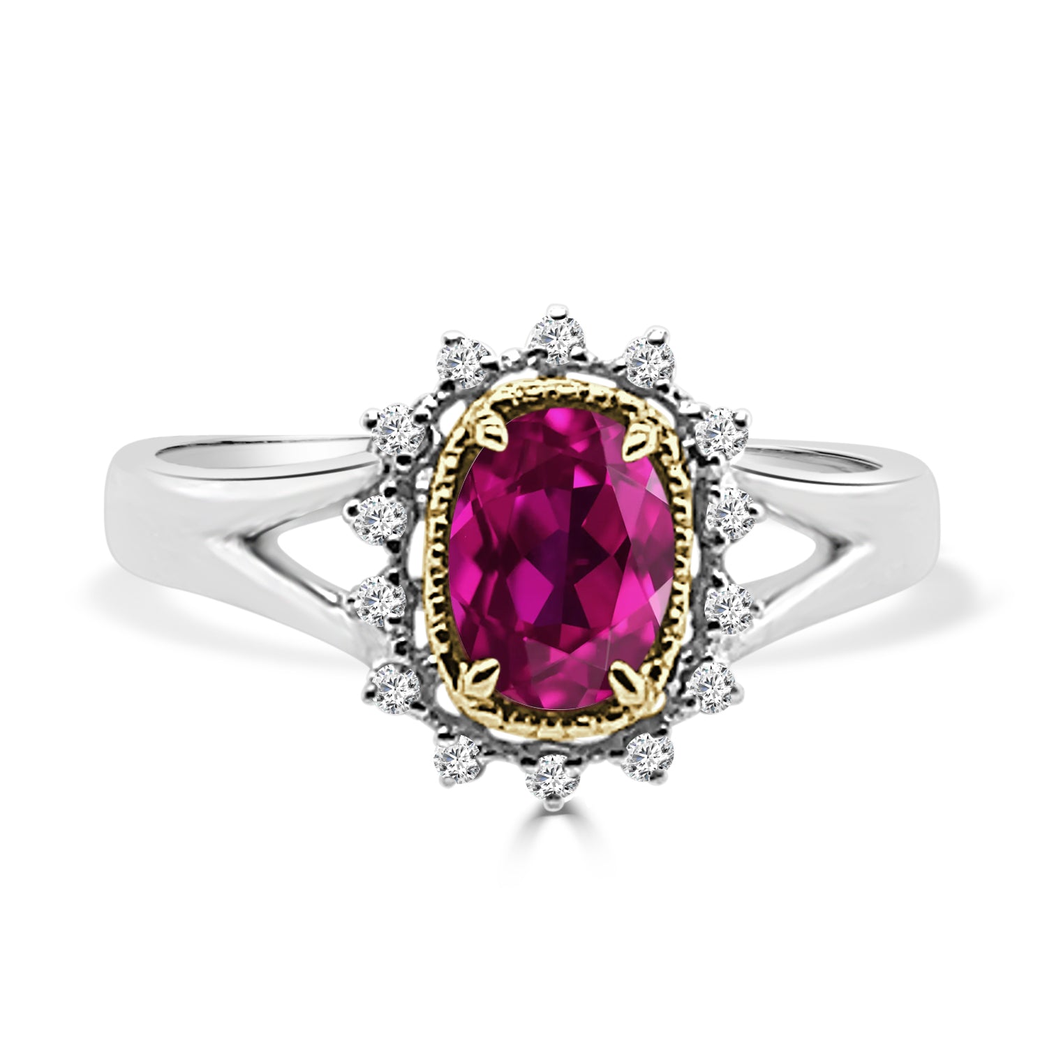 Two-Tone Split Shank Ruby Ring with Diamond Halo in 14 Karat Gold - 0.62 ct