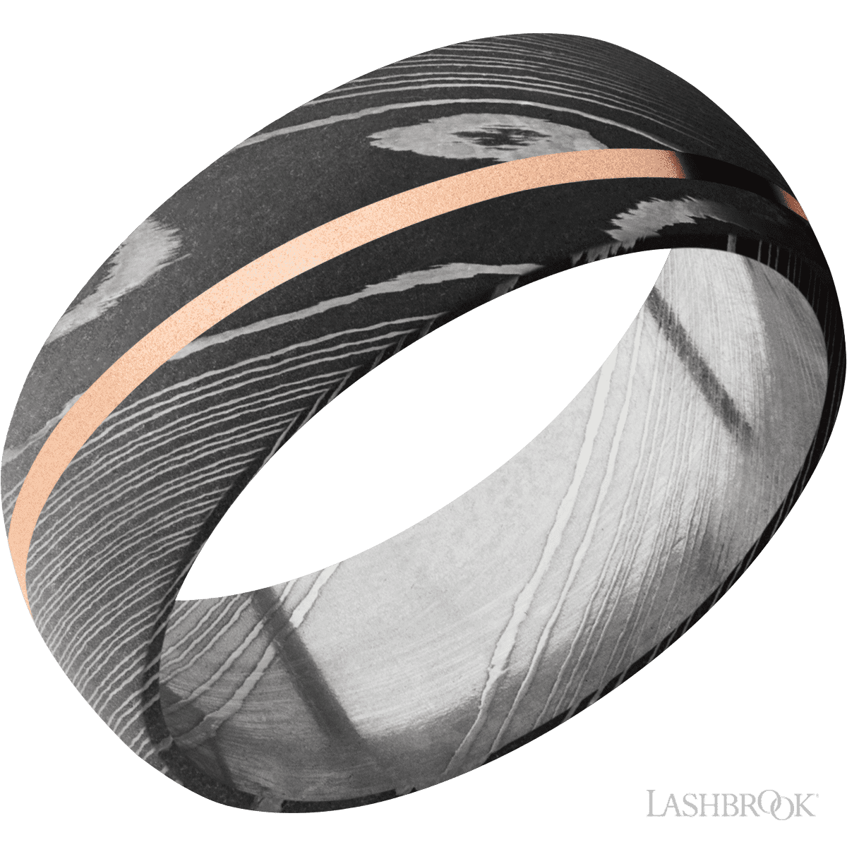 Sure! How about Damascus Steel Wedding Band with Acid Finish and 14k Rose Gold Angled Inlay, Size 10?