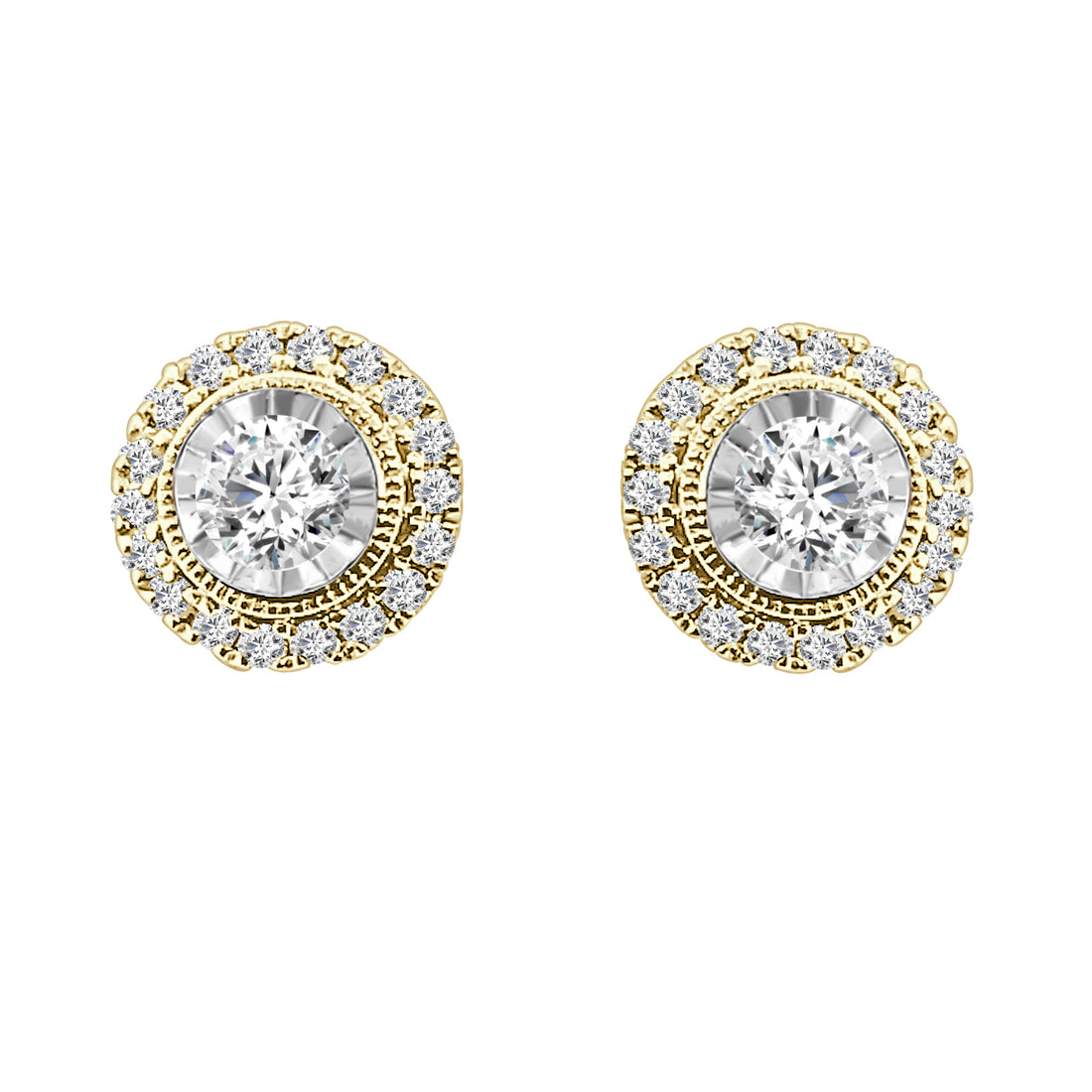 Vintage Halo Stud Earrings in 10 Karat Yellow Gold with 0.50 ct Natural Diamond