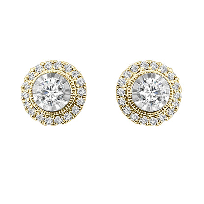 Vintage Halo Stud Earrings in 10 Karat Yellow Gold with Natural Diamond (0.50 carats)