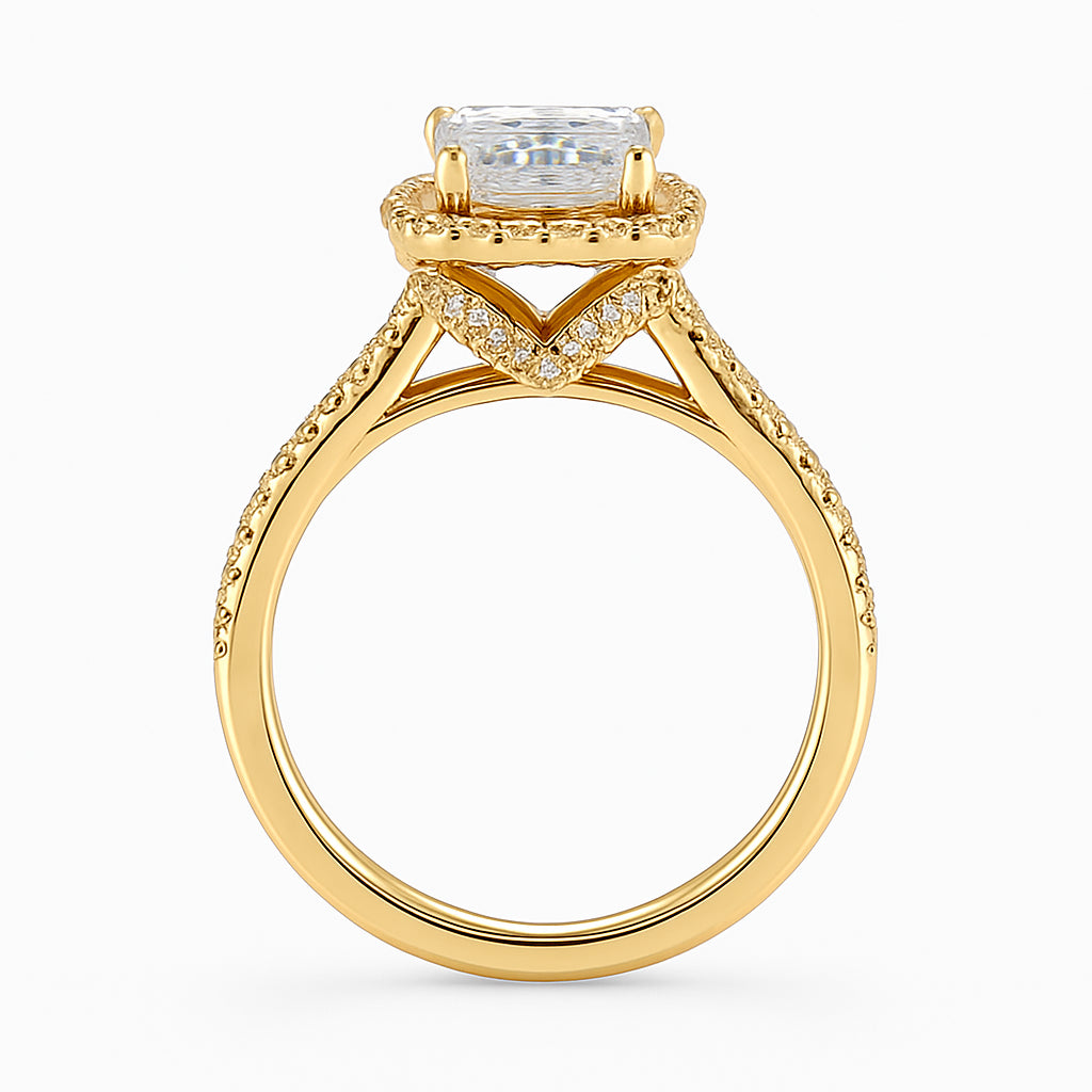 Christmas Sparkle: 14K Yellow Gold Split Shank Engagement Ring with 3.00 Lab Diamond Emerald Shape