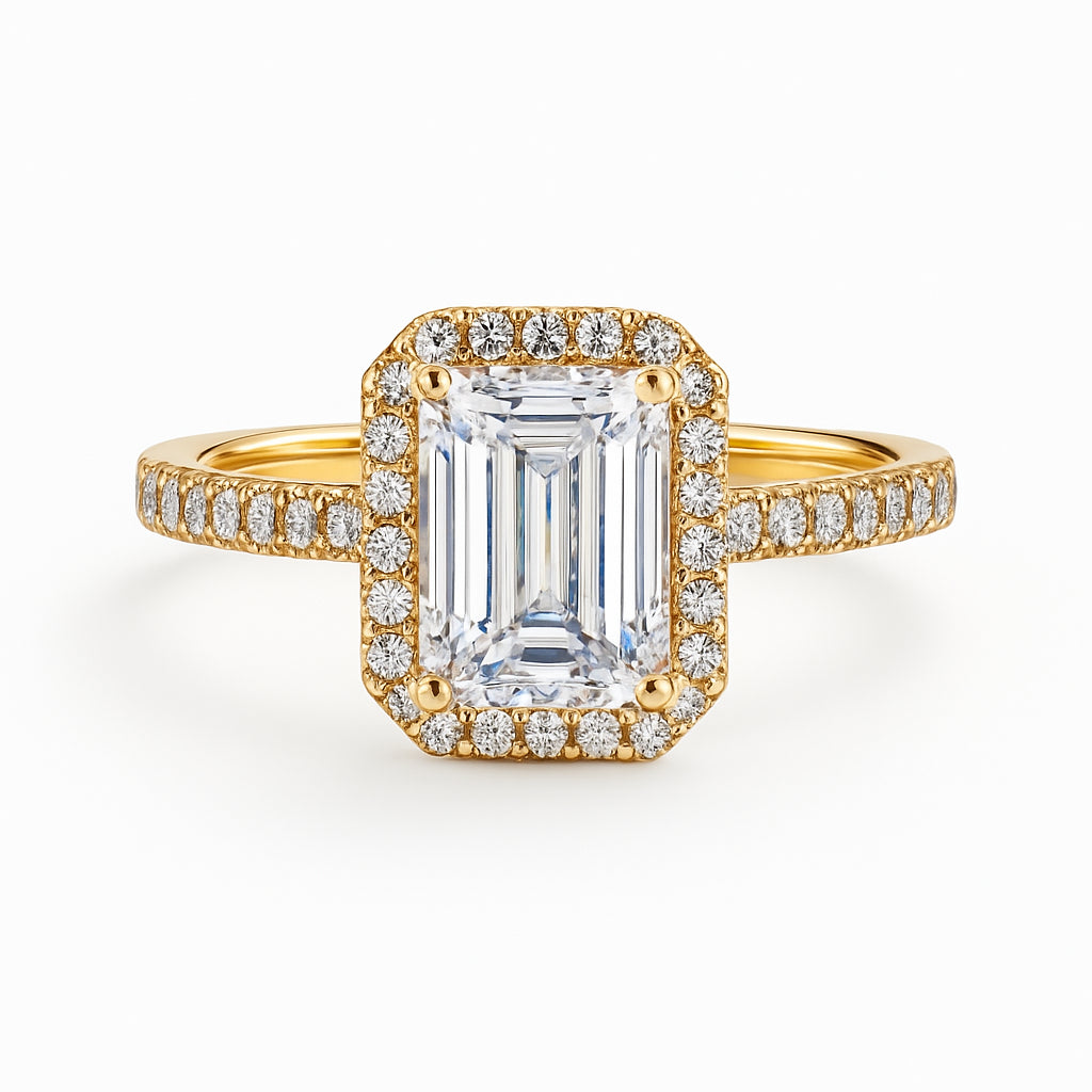 Christmas Sparkle: 14K Yellow Gold Split Shank Engagement Ring with 3.00 Lab Diamond Emerald Shape