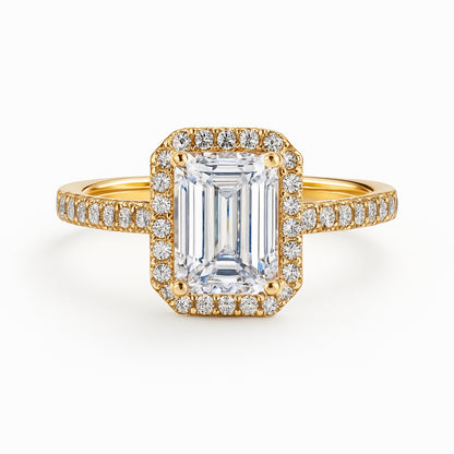 Christmas Sparkle: 14K Yellow Gold Split Shank Engagement Ring with 3.00 Lab Diamond Emerald Shape
