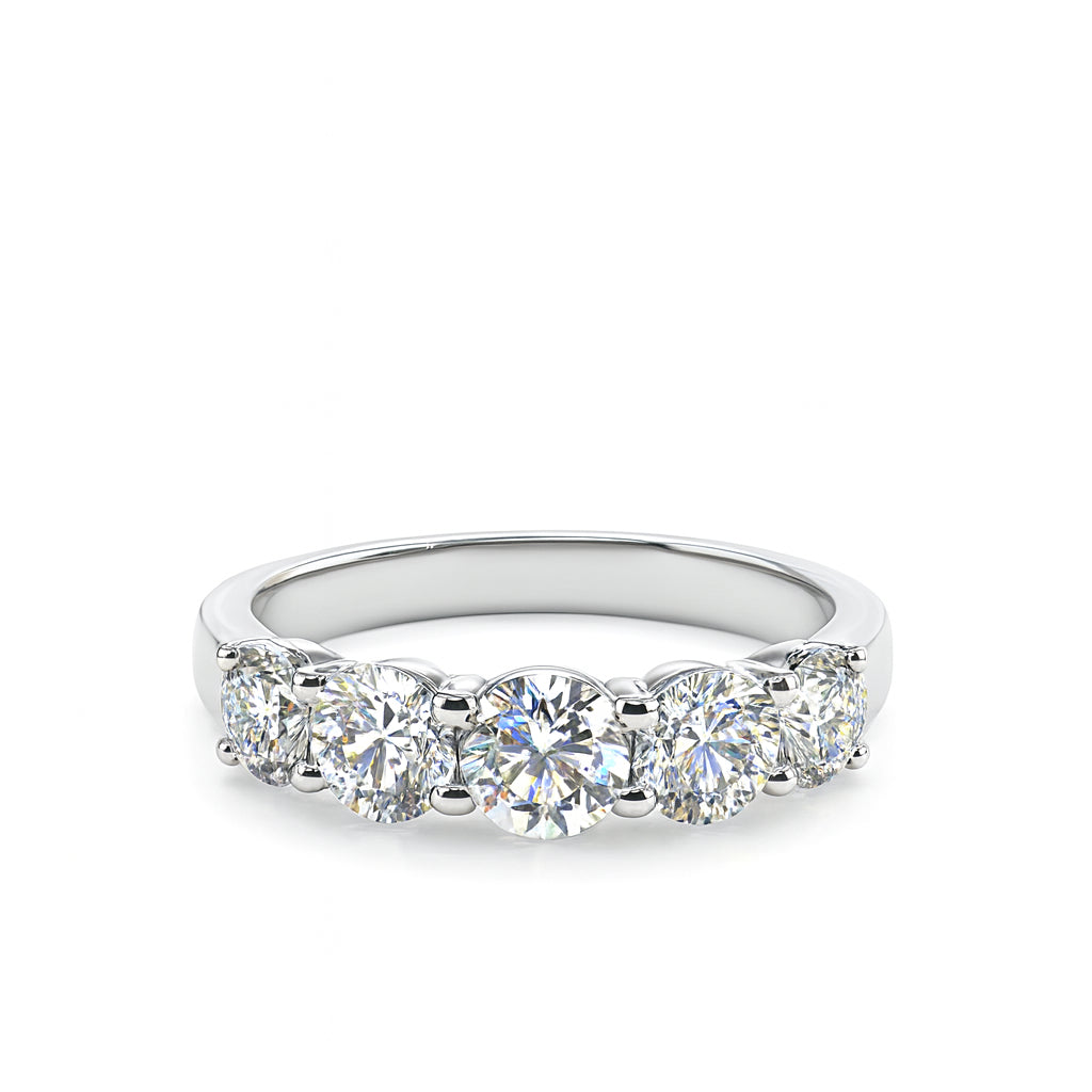 Ladies 5 Stone Diamond Wedding Band in 14 Karat White Gold - Round Shape 1.49 ct