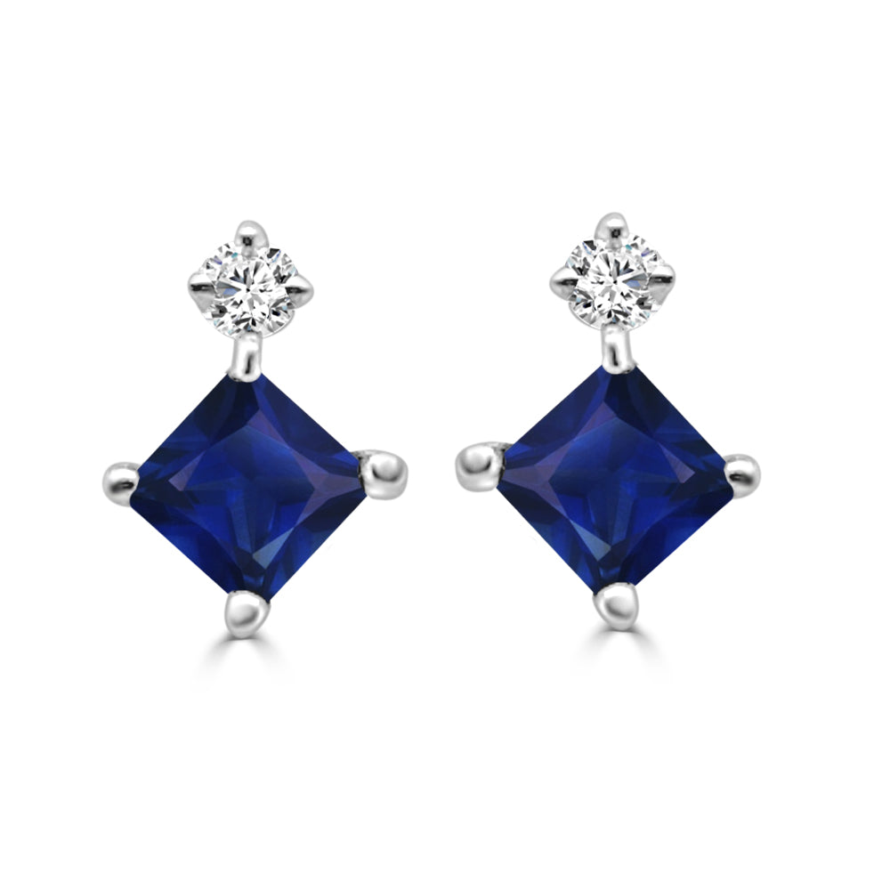 14K White Gold Princess Cut Blue Sapphire and Diamond Earrings - 0.60 ct