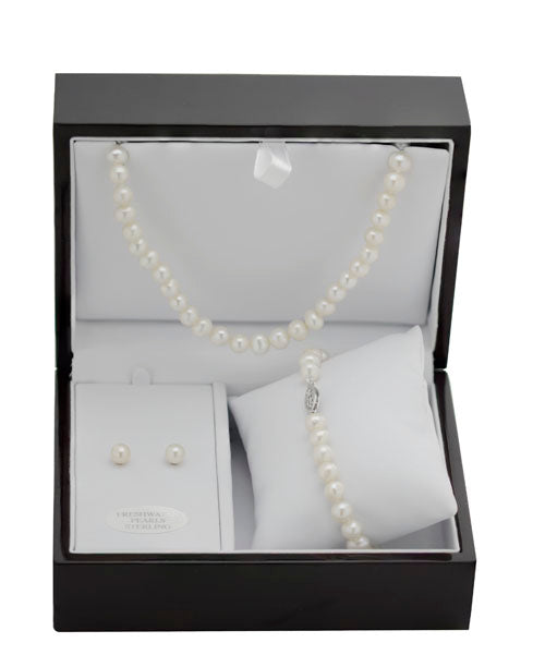 Sterling Silver Pearl Necklace and Stud Stand Bracelet Set