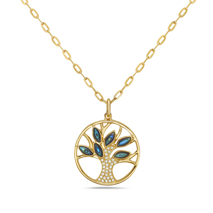 Family Tree Abalone Marquise Necklace in 21 Karat Gold - 0.49 ct