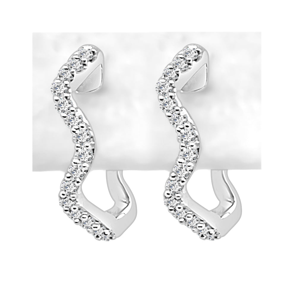 10K White Gold Natural Diamond Wave Hoop Earrings - Round Shape 0.13 ct