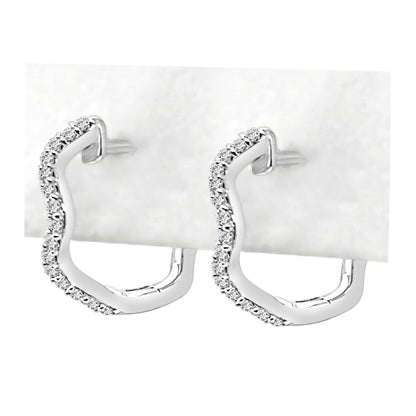 10K White Gold Natural Diamond Wave Hoop Earrings - Round Shape 0.13 ct