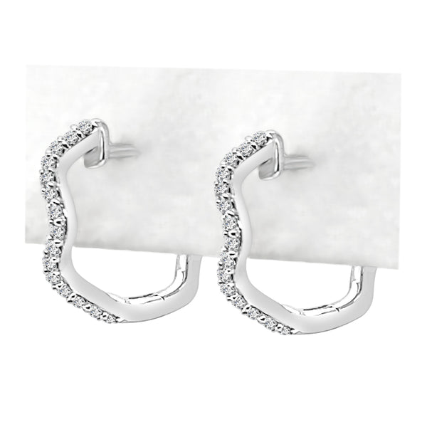 10K White Gold Natural Diamond Wave Hoop Earrings - Round Shape 0.13 ct