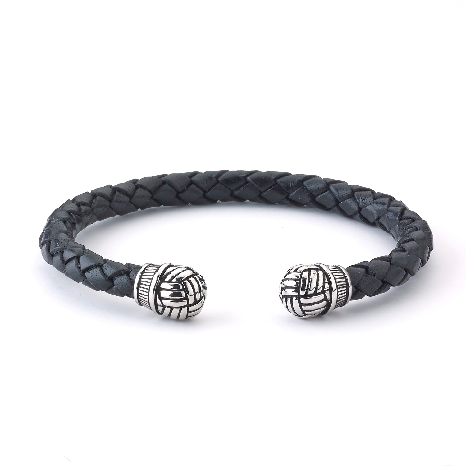 Black Woven Leather Bracelet with Sterling Silver End Caps
