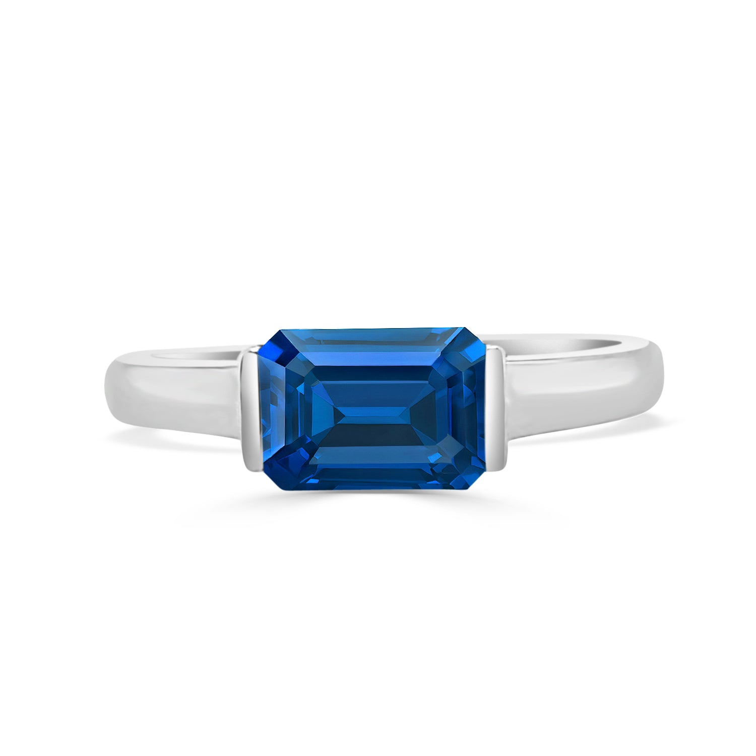 14K White Gold Half Bezel Blue Topaz Ring with Emerald Cut - 1.23 Carats