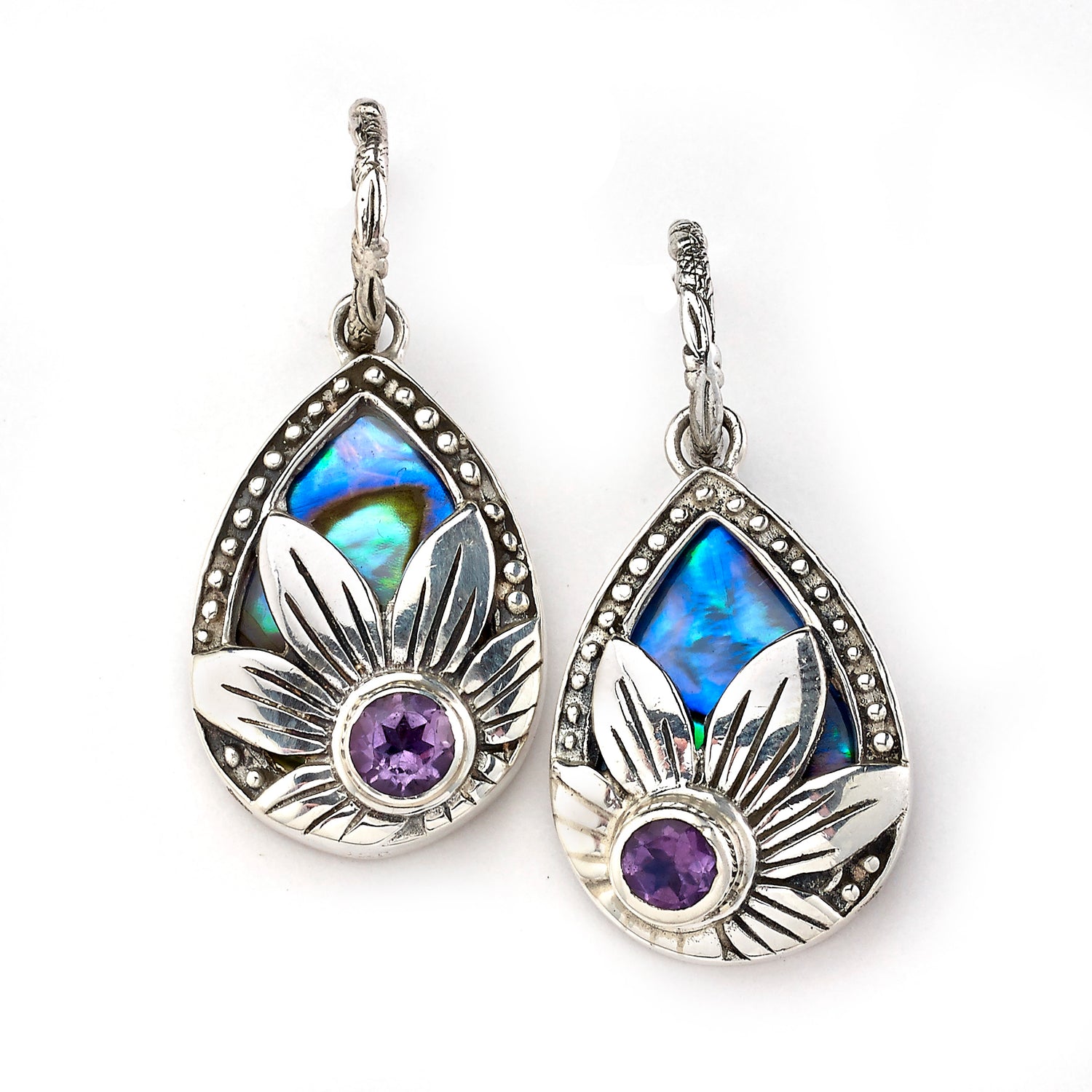 Floral Abalone Earrings in Sterling Silver with Amethyst Accents