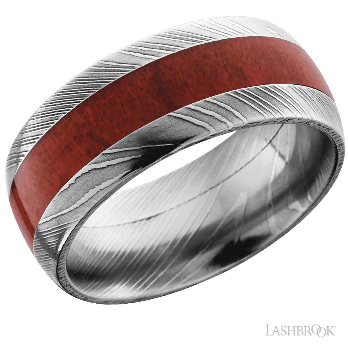Damascus Steel Wedding Band with Domed Redheart Inlay - Size 9.5