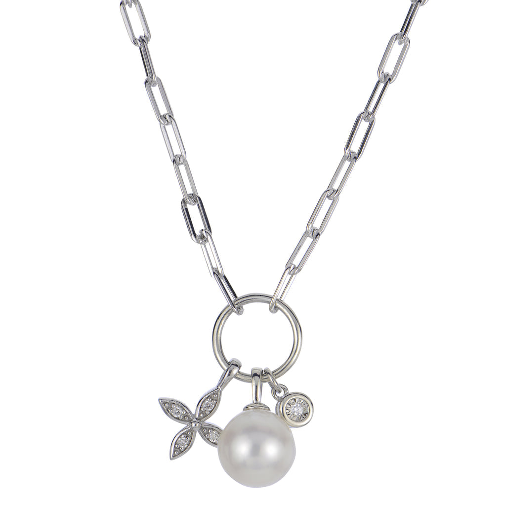 Sterling Silver Petal Flower Pearl Necklace