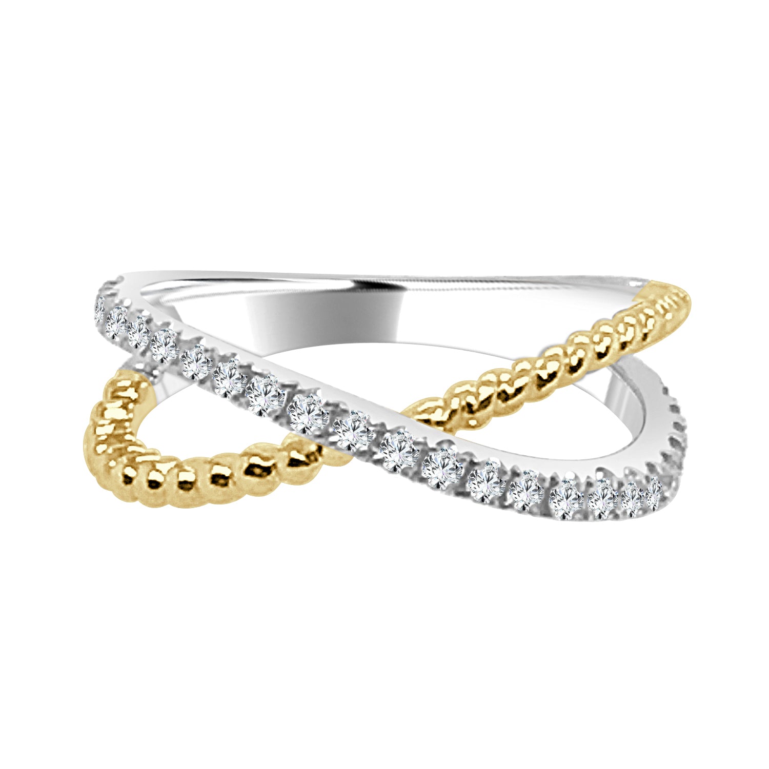14 Karat Two-Tone Overlapping Beaded Ring with Natural Diamond 0.29 Carats