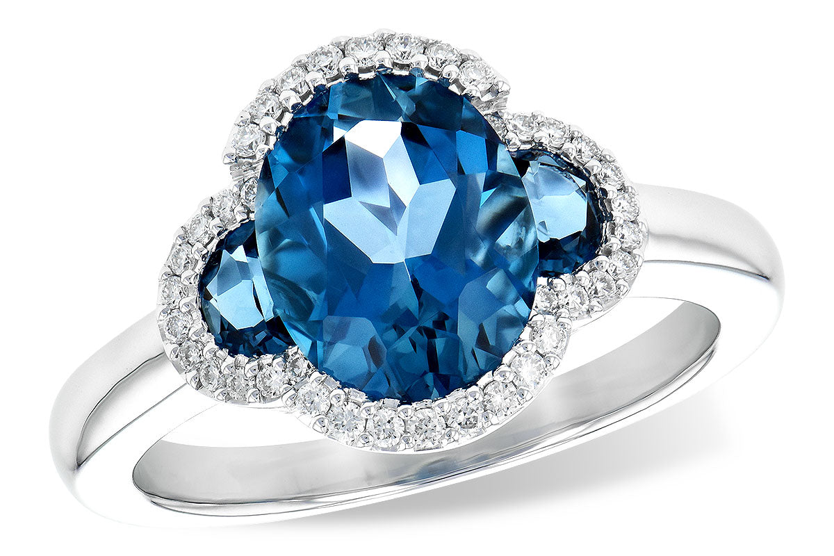 14K White Gold Oval 3 Stone Halo Blue Topaz Ring - 3.04 Carats