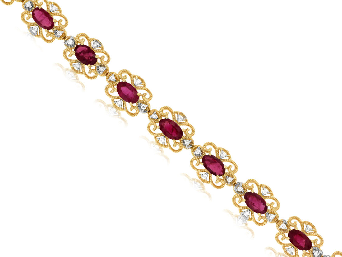14K Yellow Gold Filigree Ruby Oval Bracelet - 3.75 Carats